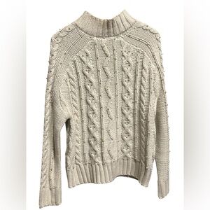 Ivory Cream Knit Cable Sweater with Pearl accent